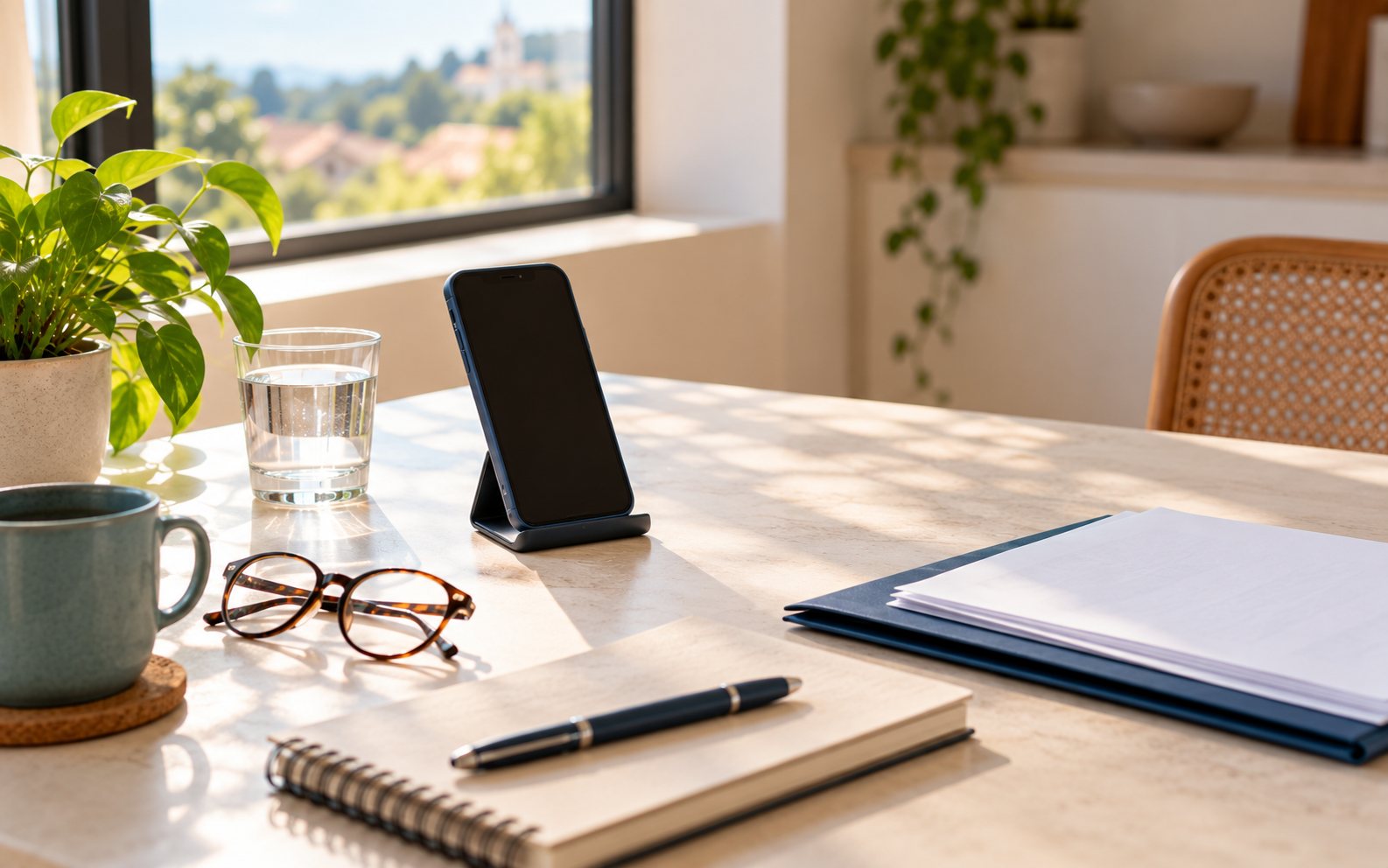 Mesa ordenada con celular en soporte, cuaderno, gafas y una carpeta de documentos, cerca de una ventana